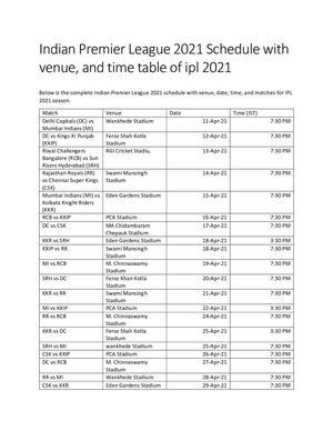 Calaméo - Indian Premier League 2021 Schedule With Venue