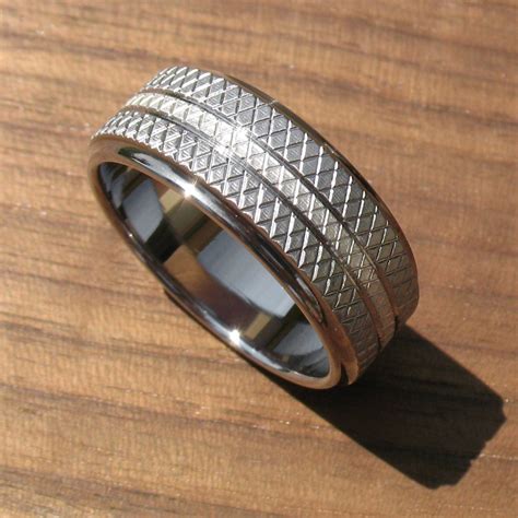 Stainless Steel and Silver Knurled Ring Comfort Fit