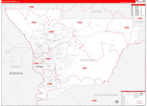 Muscogee County, GA Zip Code Wall Map Red Line Style by MarketMAPS ...