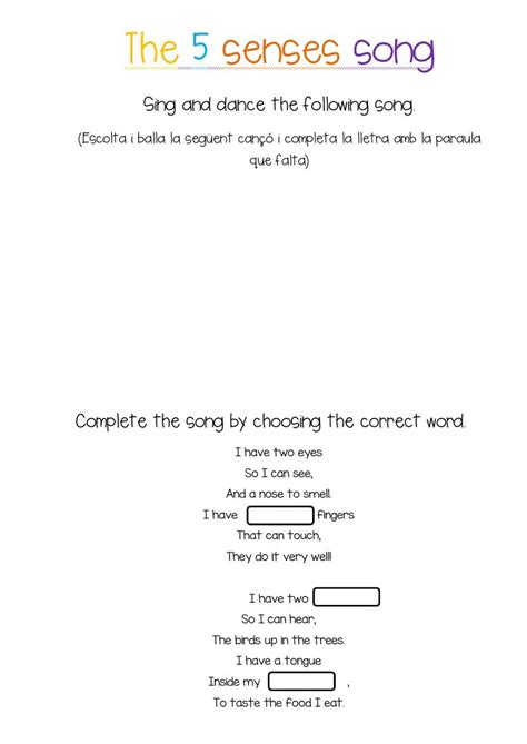 The five senses song - Interactive worksheet | Songs, Language levels, Words