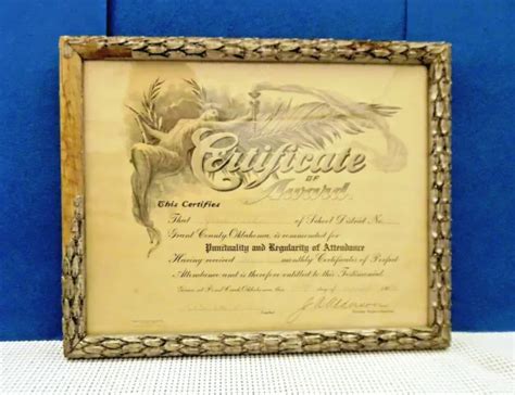 ANTIQUE SCHOOL CERTIFICATE Award for Perfect Attendance 1907 Pond Creek Oklahoma £20.56 ...