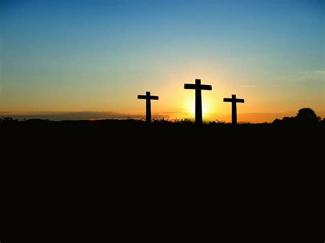 HD wallpaper: The Three Crosses over the horizon, sunset, sunrise, hill ...