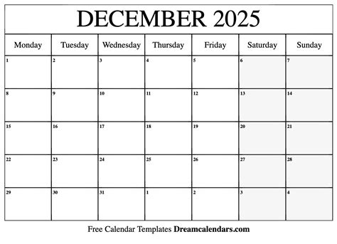 December 2025 Calendar - Free Printable with Holidays and Observances