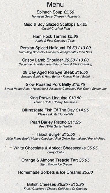 Menu at Talbot pub & bar, London, 109 Mortimer Road