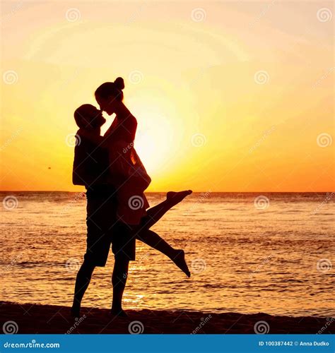 Romantic Couple on the Beach at Colorful Sunset on Background Stock Photo - Image of background ...