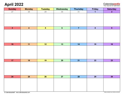 April 2022 Calendar | Templates for Word, Excel and PDF