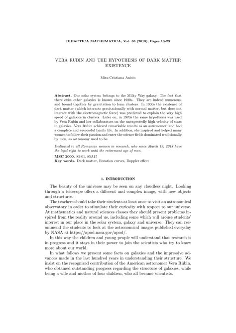 (PDF) Vera Rubin and the hypothesis of dark matter existence