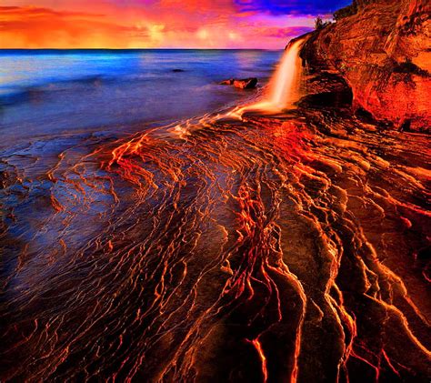 Sunset Waterfall, beach rocks, nature waterfall, sunset, HD wallpaper ...