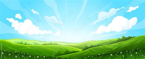 meadow background landscape vector. green grass, field hill, spring sky ...