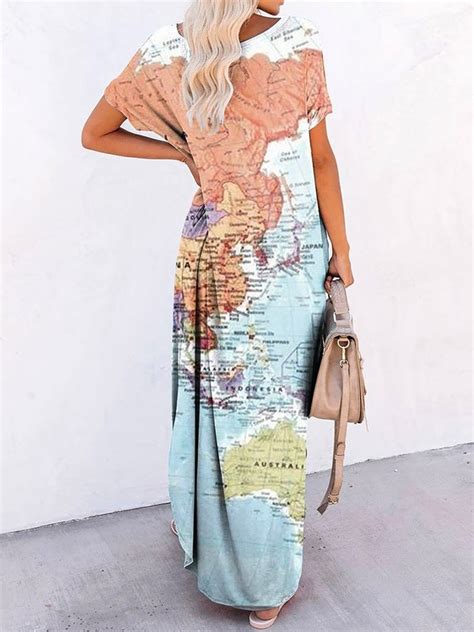 World Map Printing Casual Short Sleeve Maxi Dress | zolucky