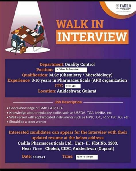 Chemistry Jobs 4 U: CADILA Ankleshwar Gujarat Walk in Interview 17/09/2021