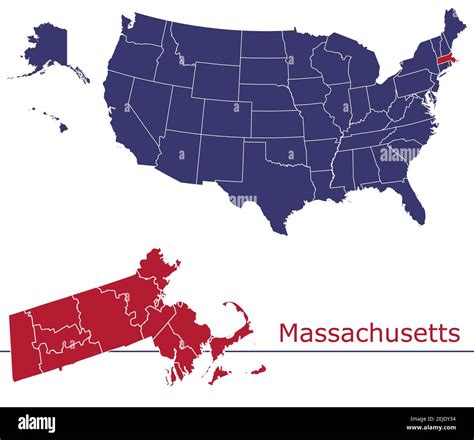 Massachusetts counties vector map outline with USA map colors national ...