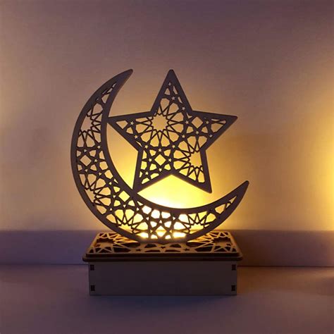 Amazon.com: Mobestech 1PC Ramadan Mubarak Eid Decorations Wooden Moon Star Lights Table Top ...