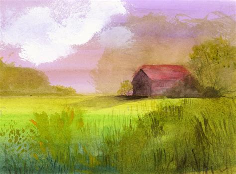 Landscape Painting, Farm, Country, Wall Art, Decor, Green, Red, Pink, Farmhouselittle Barn ...