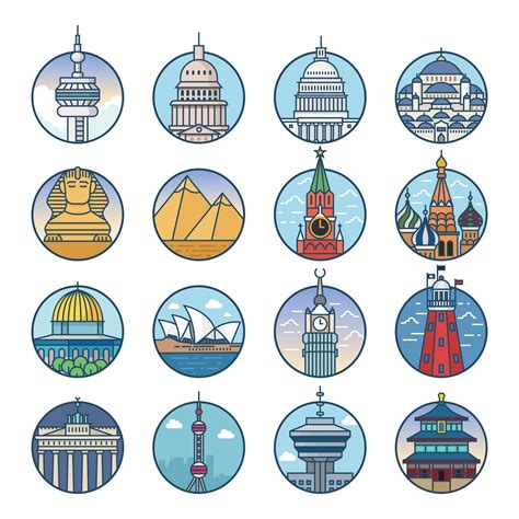 World Top Cities Filled Color Outline 2 | Landmark icon, Geometric art ...