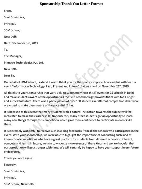 Sponsorship Thank You Letter Sample | Fundraiser Donation Letter