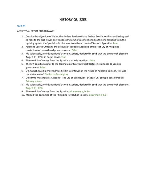 History Quiz #4 ( The Cry of Pugad Lawin) - HISTORY QUIZZES Quiz # ACTIVITY 4 - CRY OF PUGAD ...