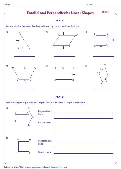 Parallel, Perpendicular and Intersecting Lines Worksheets