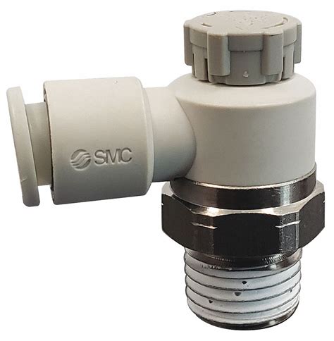 SMC Elbow Speed Control Valve, 3/8 in Valve Port Size, 6 mm Tube Size, Nickel-Plated Brass ...