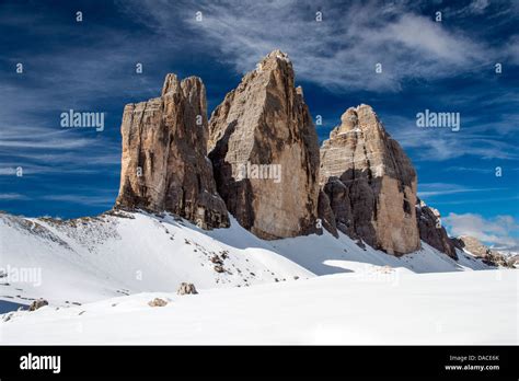 Winter view of Tre Cime di Lavaredo or Drei Zinnen, Dolomites, Veneto, Italy Stock Photo - Alamy