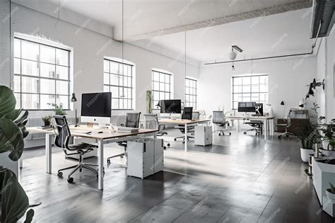 Premium AI Image | An empty office with a desk and chairs and a wall of ...