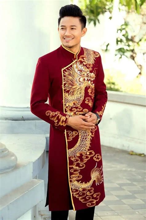 Red Ao Dai Vietnam for Men, Dragon Hand-drawn Vietnamese Traditional Costume, Vietnamese ...