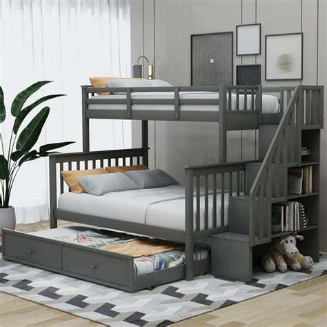 Stairway Twin-Over-Full Bunk Bed with Twin Size Trundle, Stairs, Storage and Guard Rail for ...
