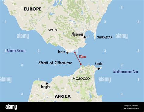 Map of the Gibraltar Strait showing the distance between Europe and ...