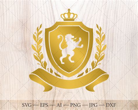 Shield with lion, crown, laurel wreath SVG in gold color. Family crest logo. Coat of arms svg ...