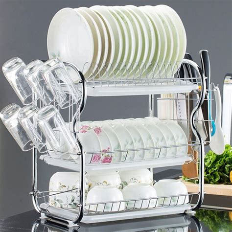 Kitchen Stainless Steel 1/2/3 Tier Dish Cup Drying Rack, Kitchen Sink Dish Rack Storager with ...