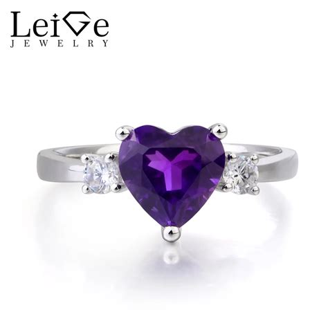 Leige Jewelry Natural Amethyst Ring Wedding Rings Purple Gems Heart Cut Gemstone February ...