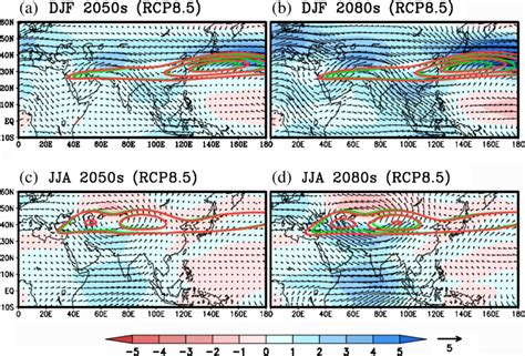 Projected changes in the mean zonal wind (shaded; m/s) at 200 hPa and... | Download Scientific ...