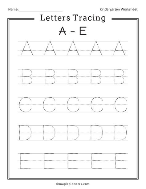 Letter Tracing A-E Worksheets for Kindergarten