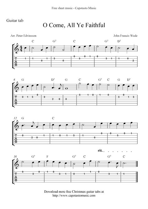 Free Printable Sheet Music: O Come, All Ye Faithful, easy free Christmas guitar sheet music and ...