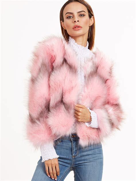 Pink Open Front Faux Fur Coat -SheIn(Sheinside)