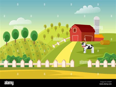 Cartoon vector farm landscape field with farmers buildings and cow ...