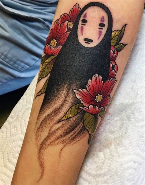 "No Face" with blossoms | Anime tattoos, Spirited away tattoo, Body art ...