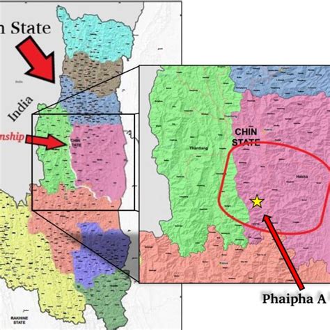 Map of Chin State zooming in on Senthang area (adapted from Myanmar ...