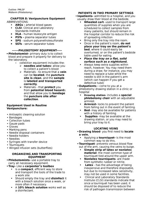 Venipuncture equipment - Outline- PMLSP Midterm (Phlebotomy) CHAPTER 8 ...