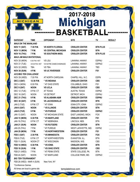 Printable 2017-2018 Michigan Wolverines Basketball Schedule