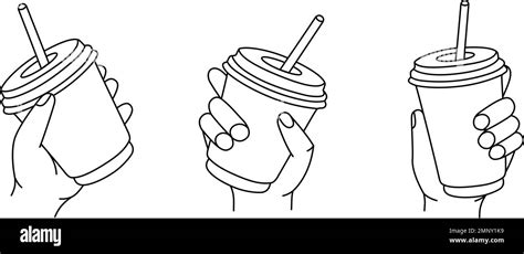 Hands holding drinks outline sketch set. Mug of coffee to takeaway line banner. Coffee time ...