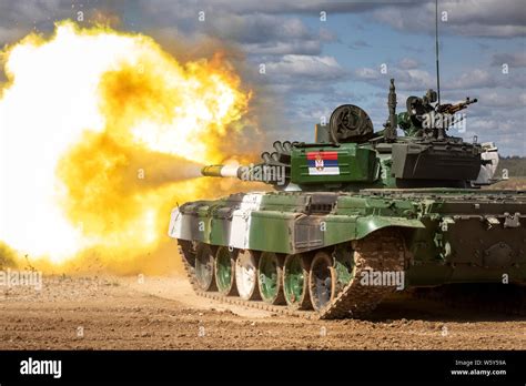 Moscow region, Russia. 30th, July 2019 Serbian team in tank T-72 conducts training shooting ...