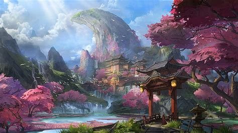 HD wallpaper: artwork, fantasy art, Chinese architecture, mountains ...