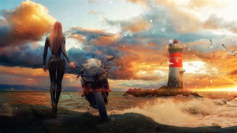 Girl With Bike Light House Wallpaper,HD Artist Wallpapers,4k Wallpapers,Images,Backgrounds ...