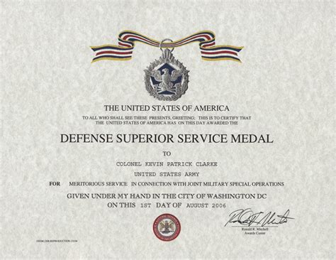 Defense Superior Service medal certificate