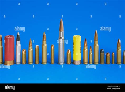 A huge row of different bullet types standing on the concrete floor ...