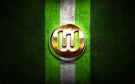 Download wallpapers VfL Wolfsburg, golden logo, Bundesliga, green metal ...