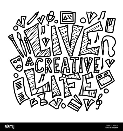 Live a creative life words. Lettering with art symbols. Hand drawn ...