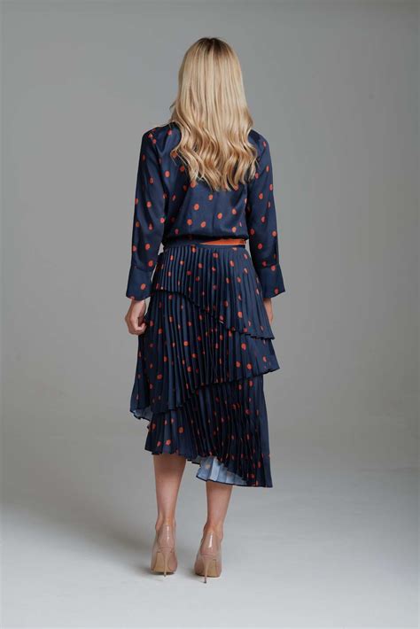 Setre Navy And Orange Polka Dot Two Piece Blouse With Pleated Skirt ...