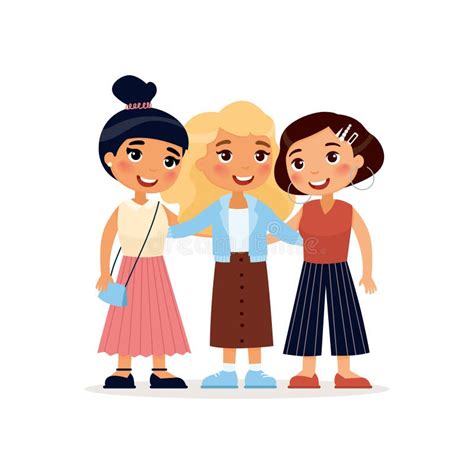 Three Best Friends Pictures Cartoon - Friends Cute Group Girl Drawn Hand Poses Different Vector ...